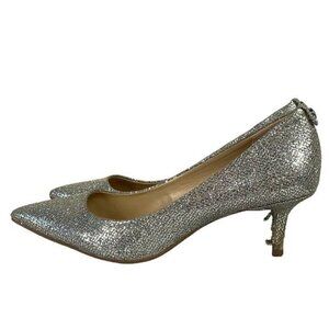 Michael Michael Kors Silver Glitter Flex Pointed Toe Kitten Heels Pumps Sz 6.5